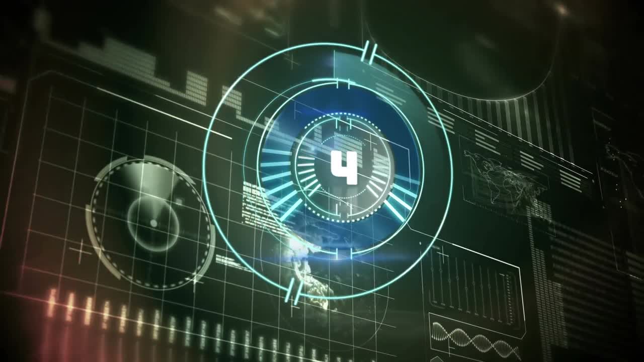 animación del escaneo del alcance con cuenta atrás sobre el procesamiento de datos sobre fondo negro