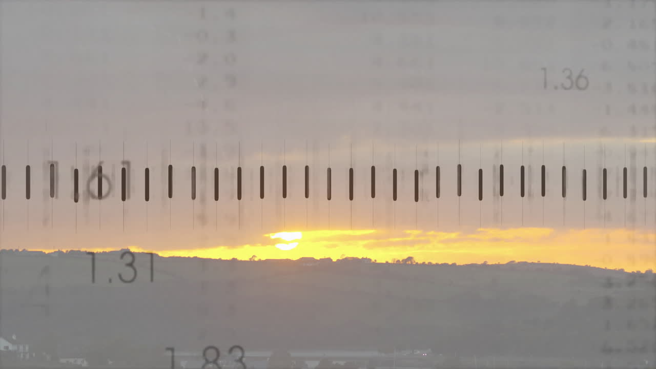 Animation of sunset over hills with measurement scale overlay in scene