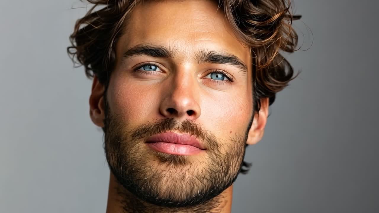 Primo piano di un uomo affascinante con occhi azzurri e barba