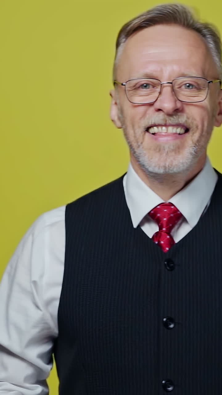 Portrait of smiling old businessman. Mature man in glasses laughing on camera on yellow background. Positive emotions. Vertical video