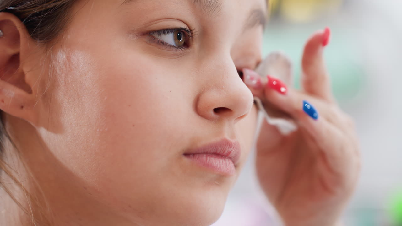 Teen Concentrates Skincare, Young Girl Applies Skincare Delicately, Young Girl Adheres To Skincare Routine With Focused Attention, Teen Girl Gently Dabs Cotton Onto Her Face In Calm Bathroom Setting