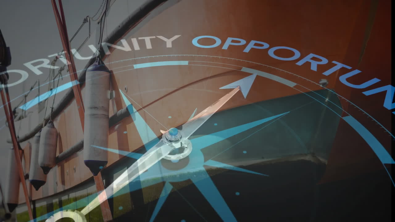Compass pointing to OPPORTUNITY animation over docked boat
