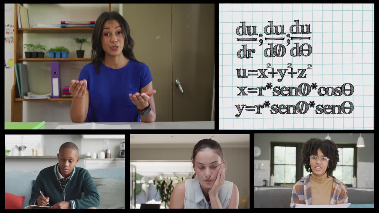 pantallas con llamadas en línea de diversas maestras, estudiantes y fórmulas matemáticas