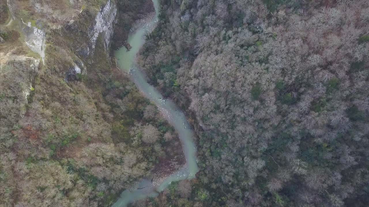 воздушный вид извилистой реки через каньон и лес