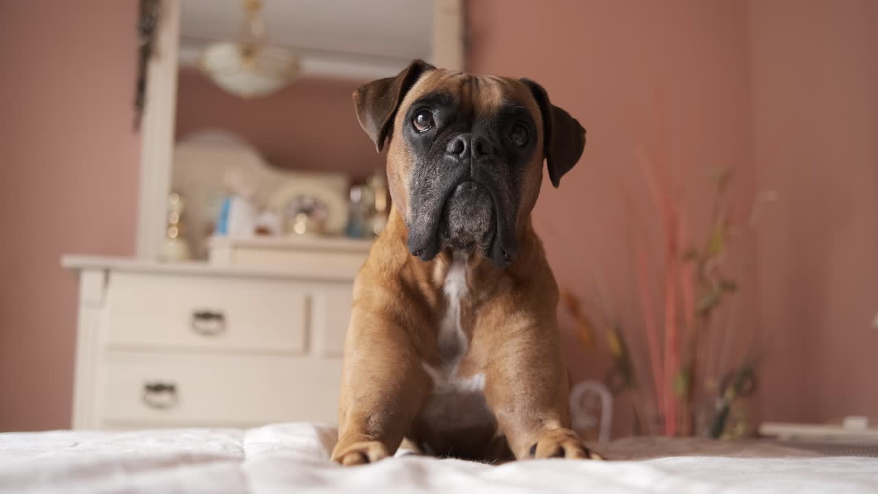 Cute boxer dog lying on belly over bed in cozy room