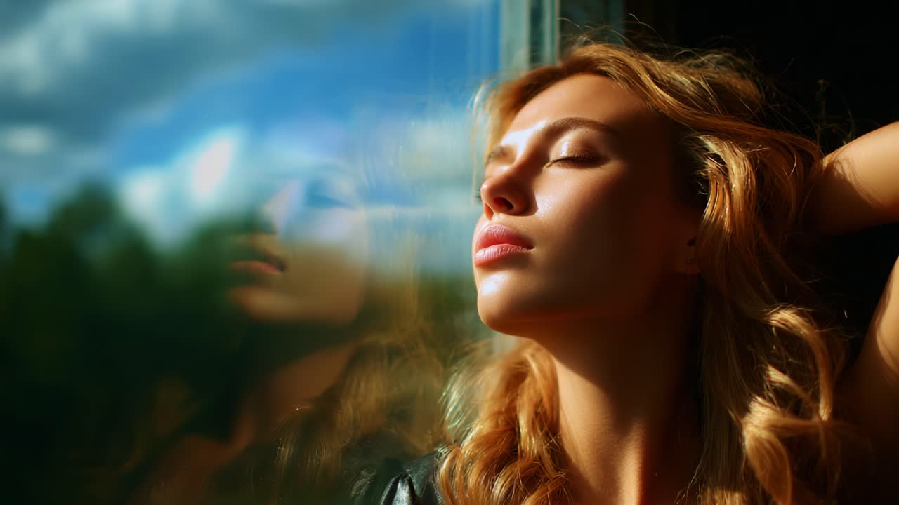 A Serene Moment: A Woman Gazing Through a Window with Soft Sunlight Illuminating Her Features, Creating an Atmosphere of Reflection and Calmness as She Enjoys a Peaceful Ambient Environment