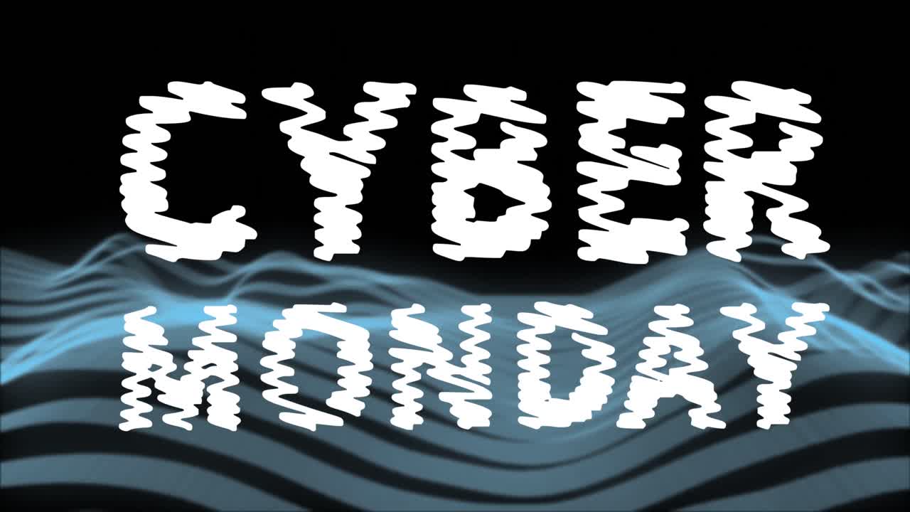 Animation of graffiti cyber monday text over blue waves moving against black background