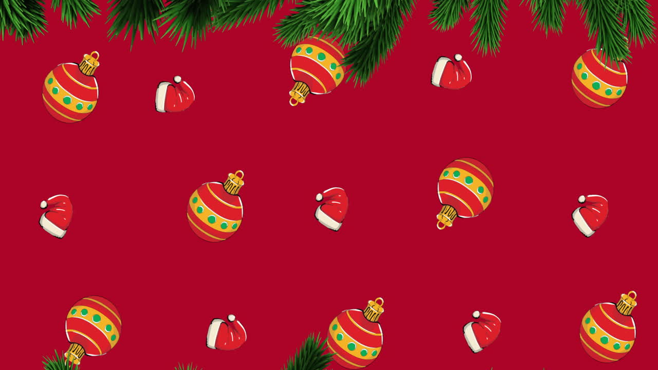 animación de bolas de navidad y sombreros de santa moviéndose con rama de abeto sobre fondo rojo