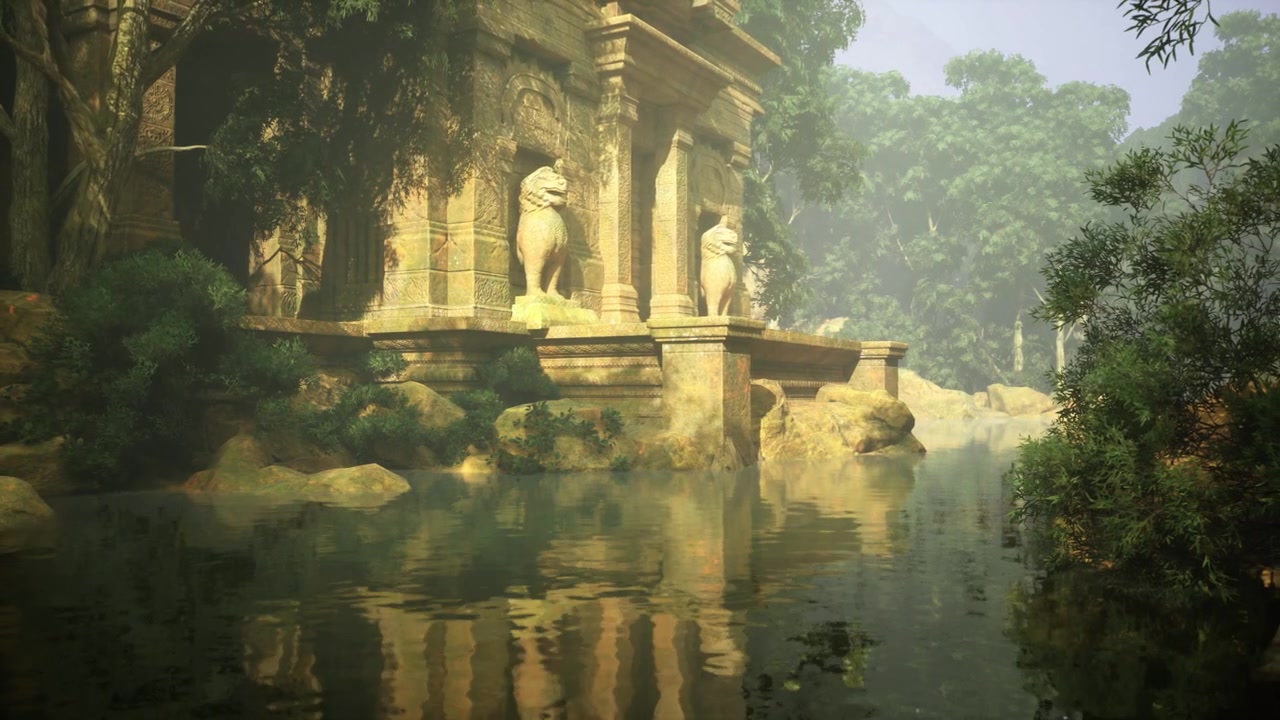 Misty morning unveils ancient sunken temple amidst tranquil waters