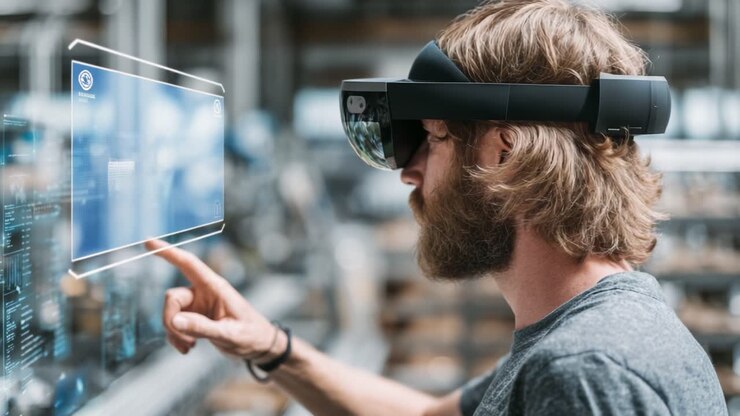Innovative Interaction: A Person Using Augmented Reality Glasses to Visualize Data in a Modern Industrial Setting, Engaging with Futuristic Technology and Information Displays