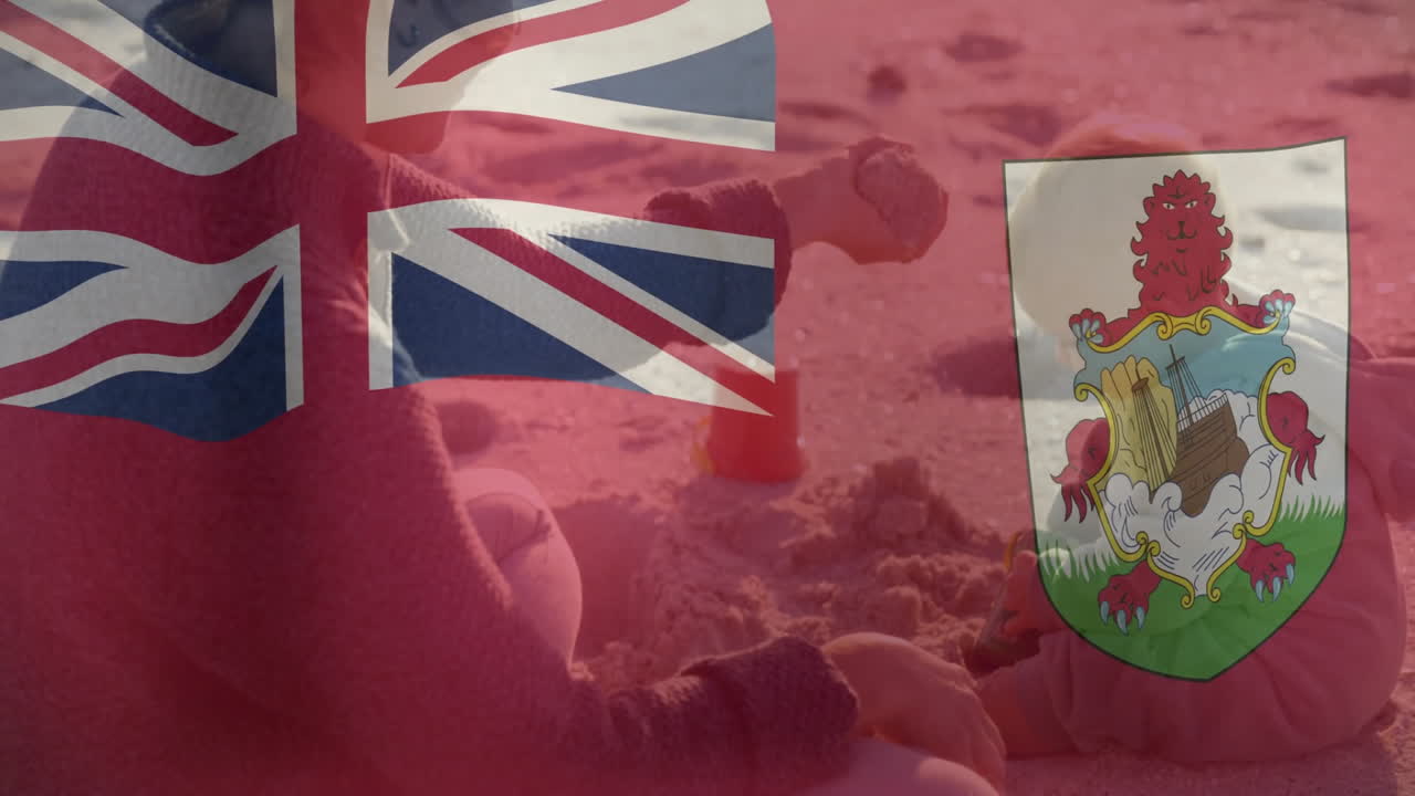 Child playing on sandy beach with Bermuda flag and coat of arms animation