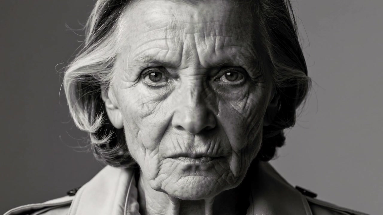 L'inquadratura si stringe su una donna anziana che mantiene lo sguardo in studio, con un trench, mostrando le rughe del viso.