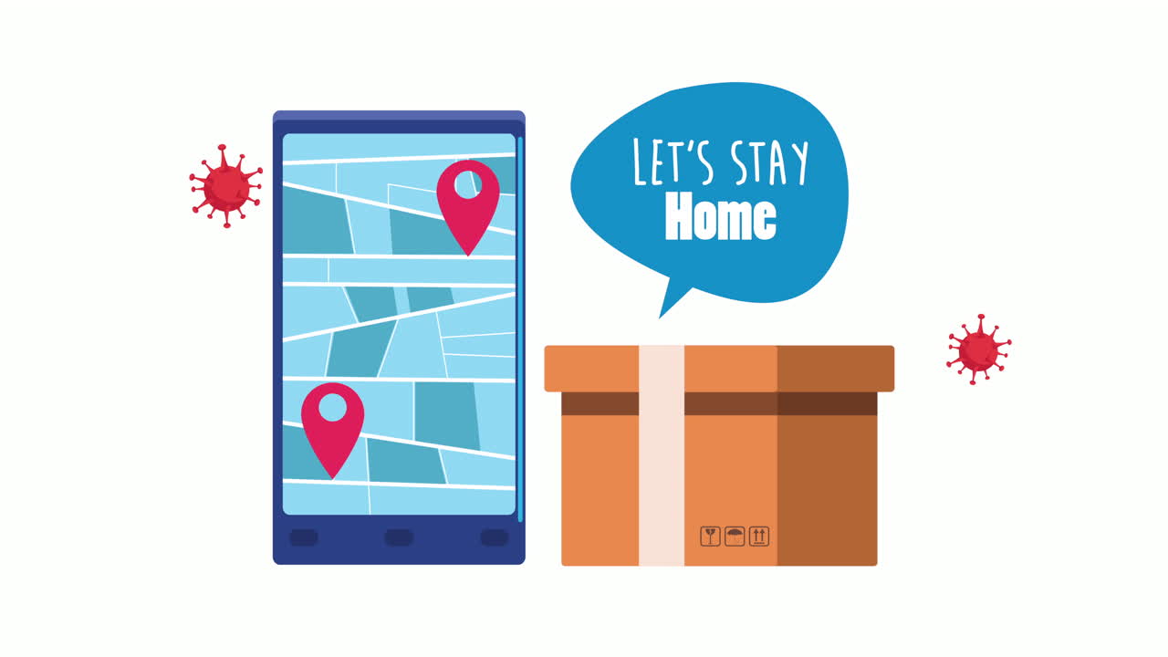 스마트 폰에서 배달 상자를 가진 집에 머물 캠페인