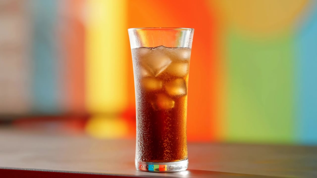 Cola ghiacciata in un bicchiere alto, caldo bagliore ambrato e sfondo colorato sfocato, grandi cubetti di ghiaccio con bollicine vivaci