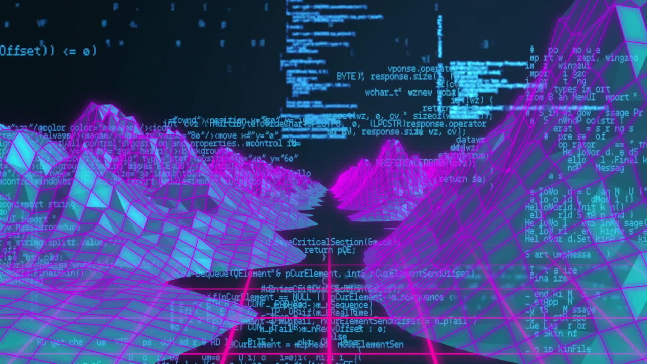 Digital landscape with coding and data processing animation over grid and mountains
