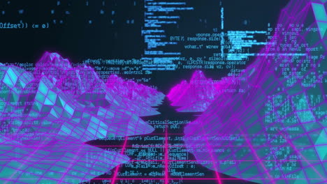 digital landscape with coding and data processing animation over grid and mountains