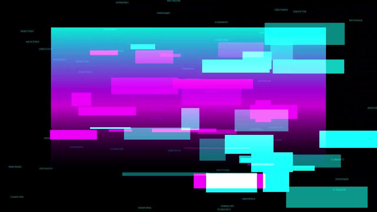 Digitaler Glitch-Effekt mit schwebenden Daten und Neon-Farbverlaufshintergrund