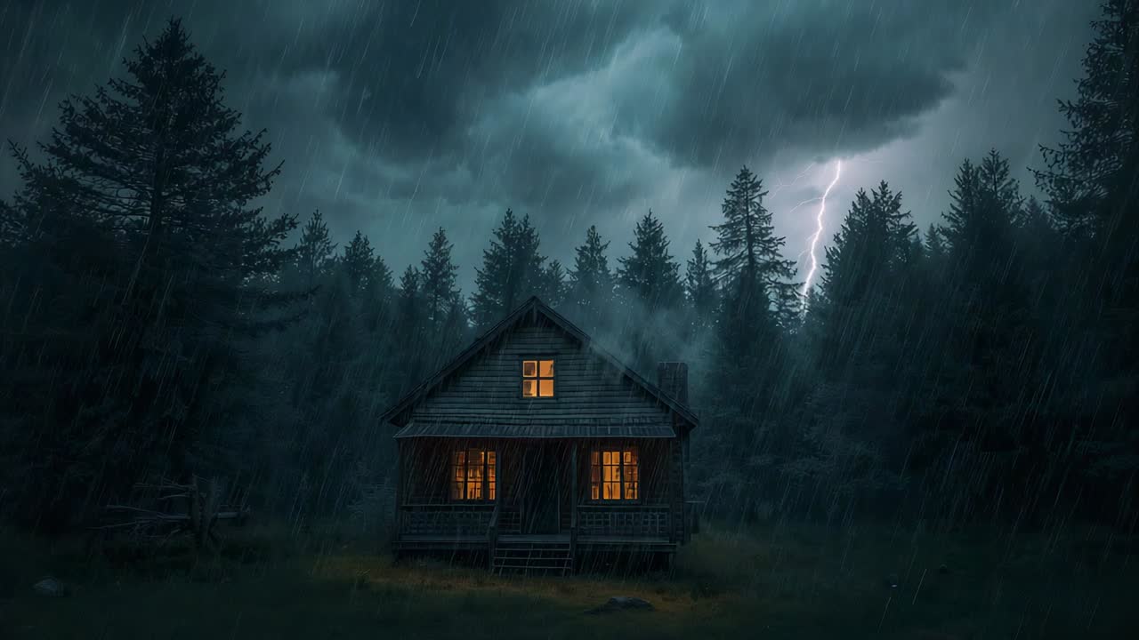 Aufblitzen von Blitzen, die Bäume und Kabinenfenster auf einer Lichtung mit Nebel während eines Sturms beleuchten
