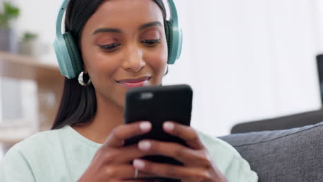 girl, phone and social media with headphones