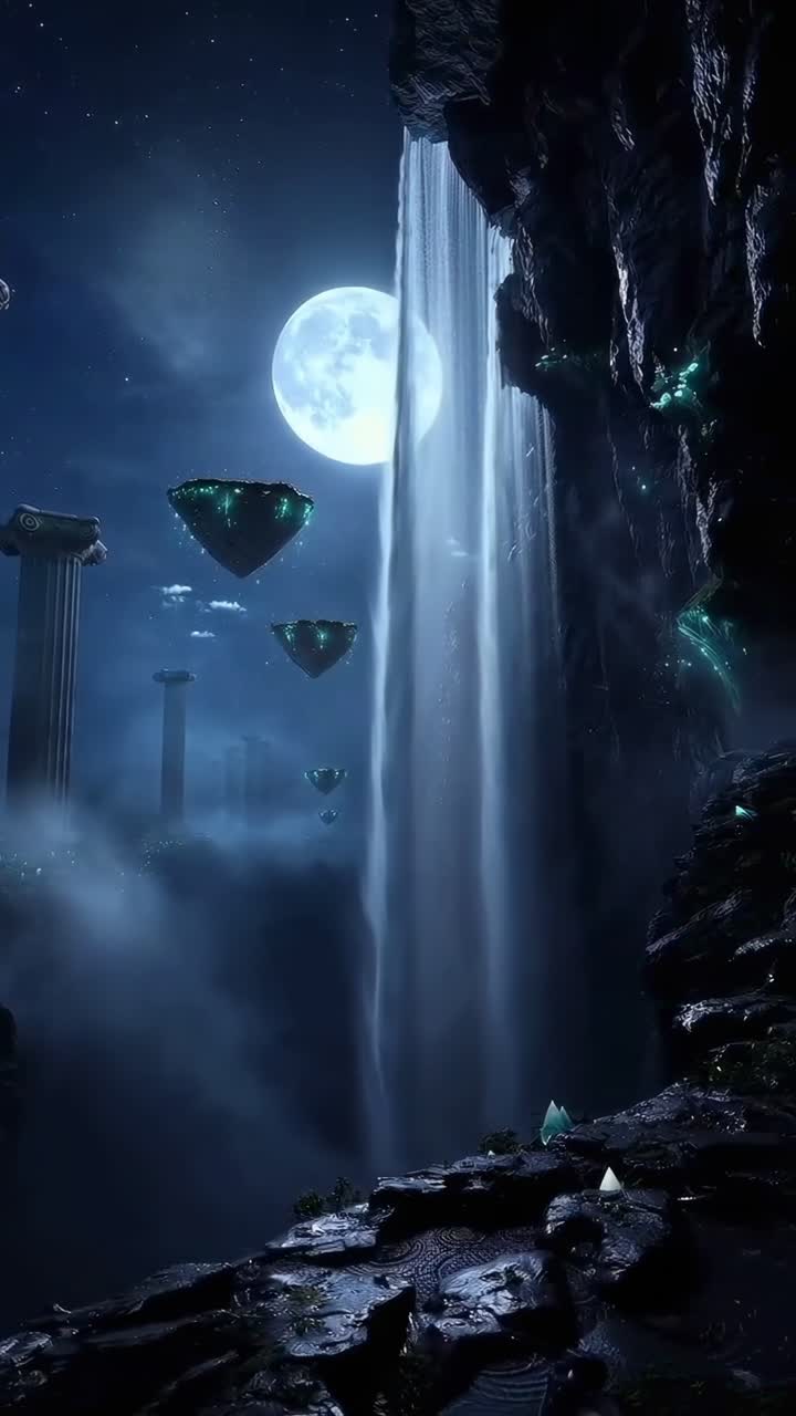 Una scena notturna mistica con isole galleggianti e una cascata, ripresa da un'angolazione bassa, perfetta