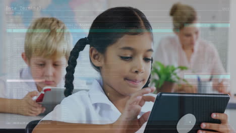 female student tapping tablet in classroom, showing animated code overlays for education technology