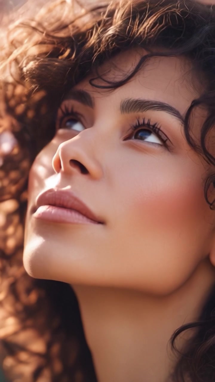 Retrato Cativante de uma Jovem Mulher com Cabelo Cacheado, Destacando a Beleza Natural e Pele Radiante sob Luz Solar Suave, Enfatizando Graça e Elegância.