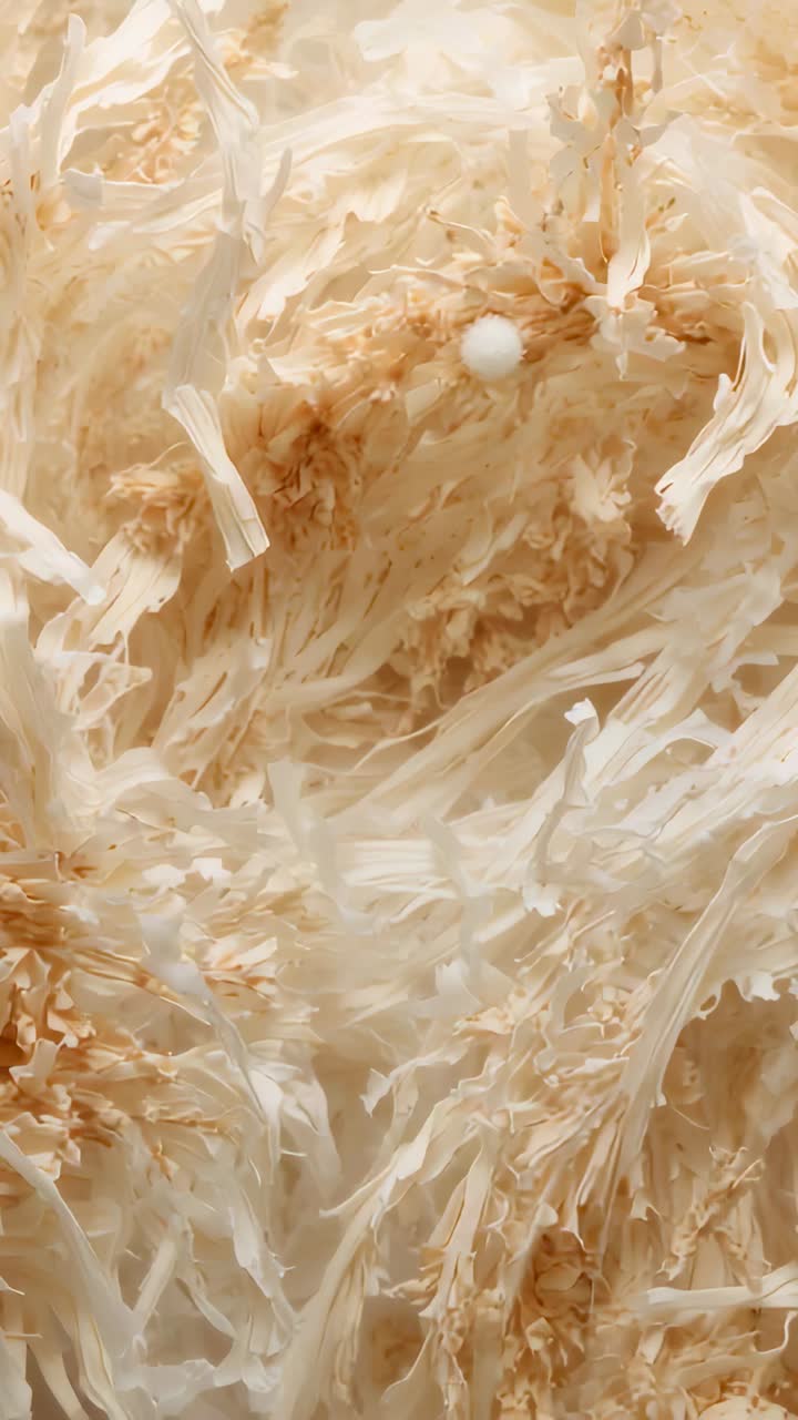 Vertical video: Sliding white bead along beige fibers on table after nudge, settling into pocket