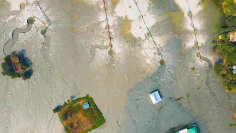 rural village in wetlands in top down descend drone view