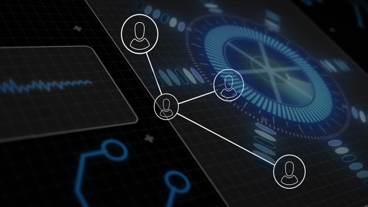 Animation of network of connections over scope scanning and data processing on black background