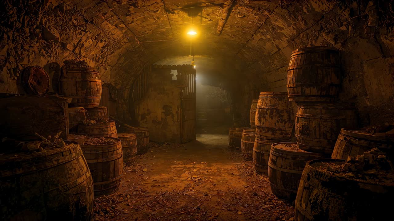 Rolling camera pushing forward revealing cellar to reveal slatted door, with barrels and lamp