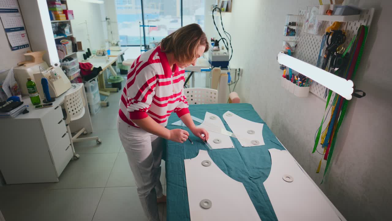Donna traccia attentamente un modello sul tessuto. Si concentra intensamente, muovendosi lentamente con precisione. Lo spazio di lavoro è luminoso e organizzato con strumenti nelle vicinanze. Filmato ideale per il design di moda, la sartoria.