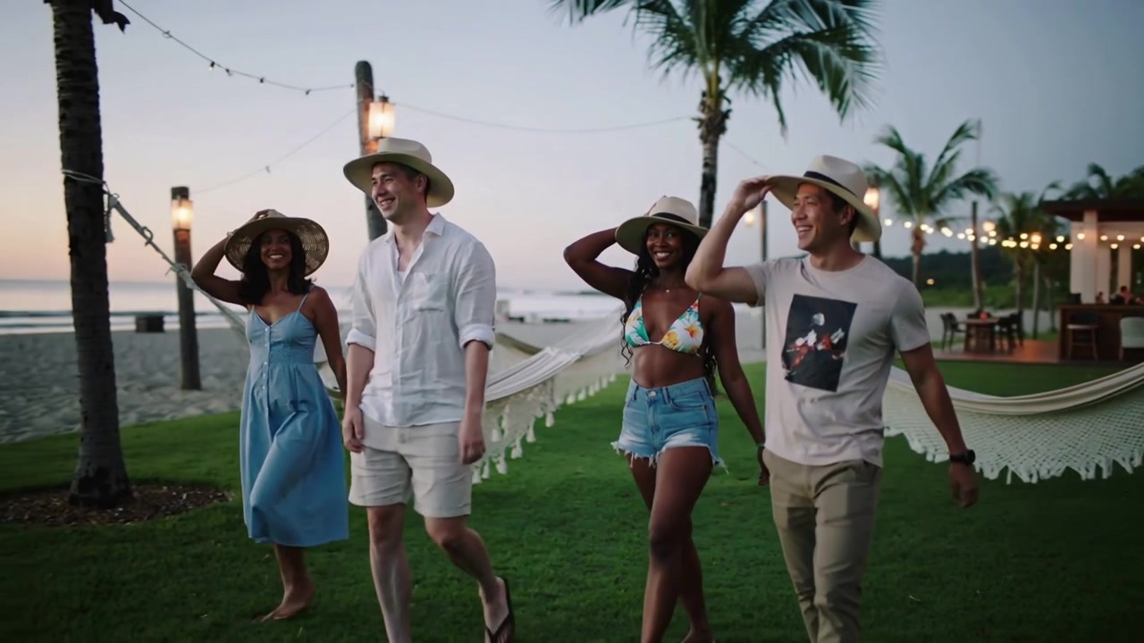 Gruppo in vacanza che entra nell'inquadratura da destra, camminando sul prato della spiaggia, con cappelli di paglia in mano e amache.