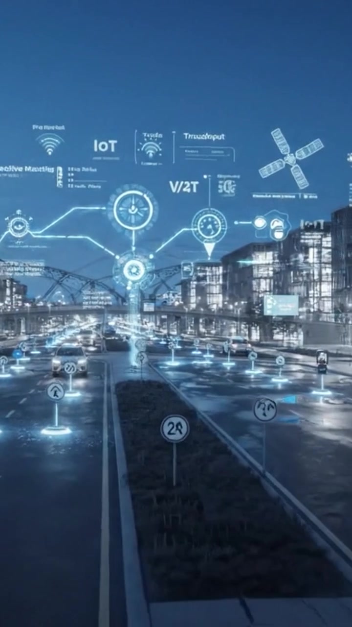 Intersección urbana futurista que exhibe tecnología avanzada y conectividad, con semáforos inteligentes iluminados, vehículos y pantallas digitales en una ciudad vibrante por la noche.