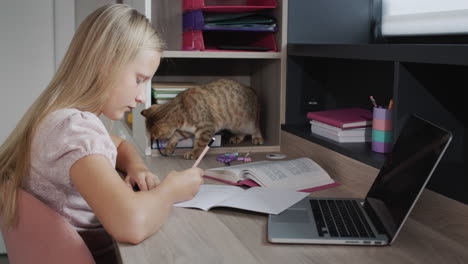 The-child-writes-in-a-notebook,-next-to-a-laptop-and-an-assistant-cat.-Homeschooling