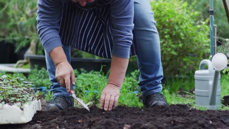 jardineiro caucasiano plantando mudas no centro de jardim