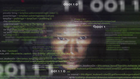 Animation of data, integrated circuit and numbers over african american male hacker
