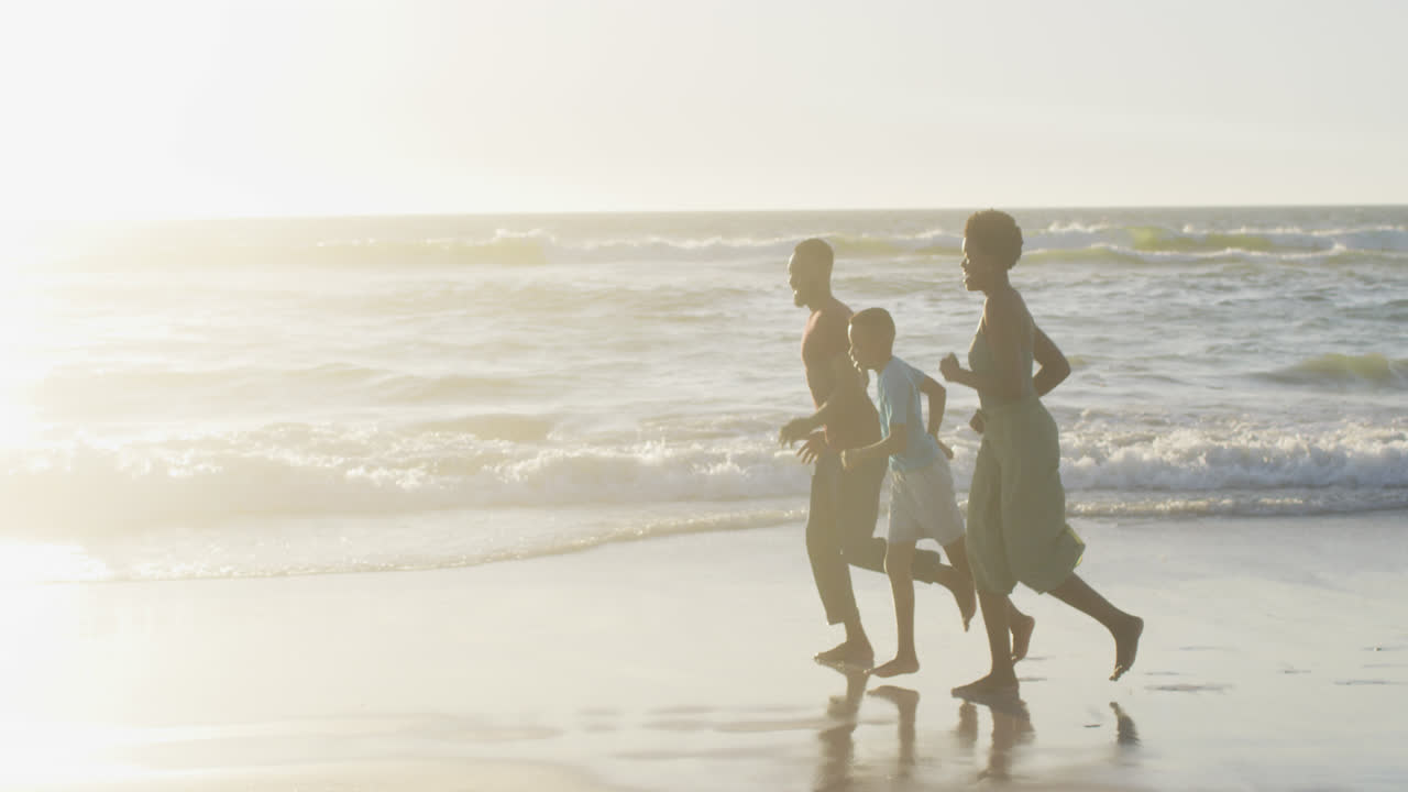 ビーチで楽しんでいる幸せなアフリカ系アメリカ人の家族のビデオ