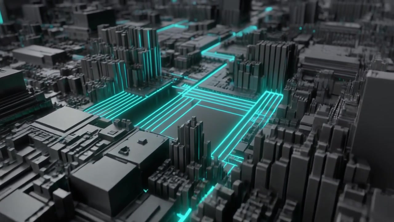 Abstract Digital Cityscape with Glowing Cyan Data Streams