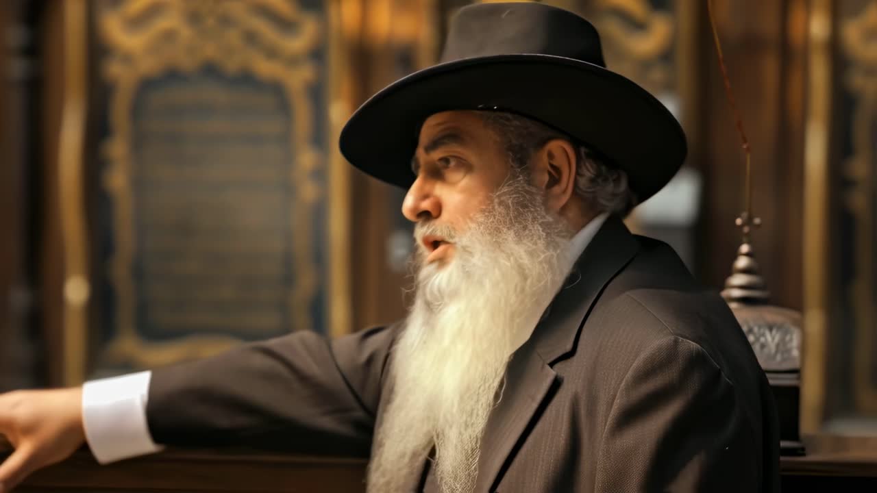 Respected Rabbi wearing traditional black hat and long white beard delivering passionate sermon while gesturing from synagogue's sacred Bimah during religious service