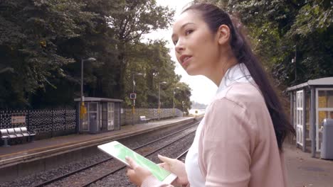 businesswoman using tablet on train platform