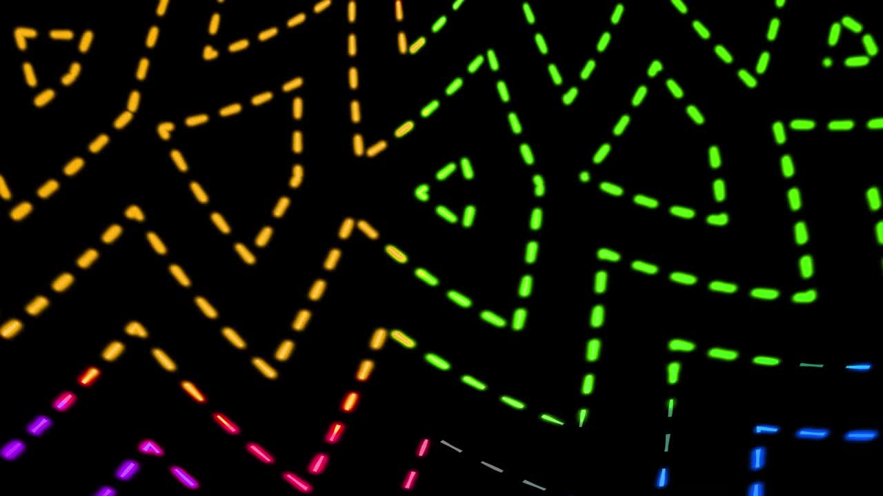 Wavy colorful dash line motion background. Abstract colorful neon glowing geometric dash line.