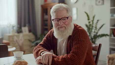 portrait of senior man with beard and glasses sitting at home