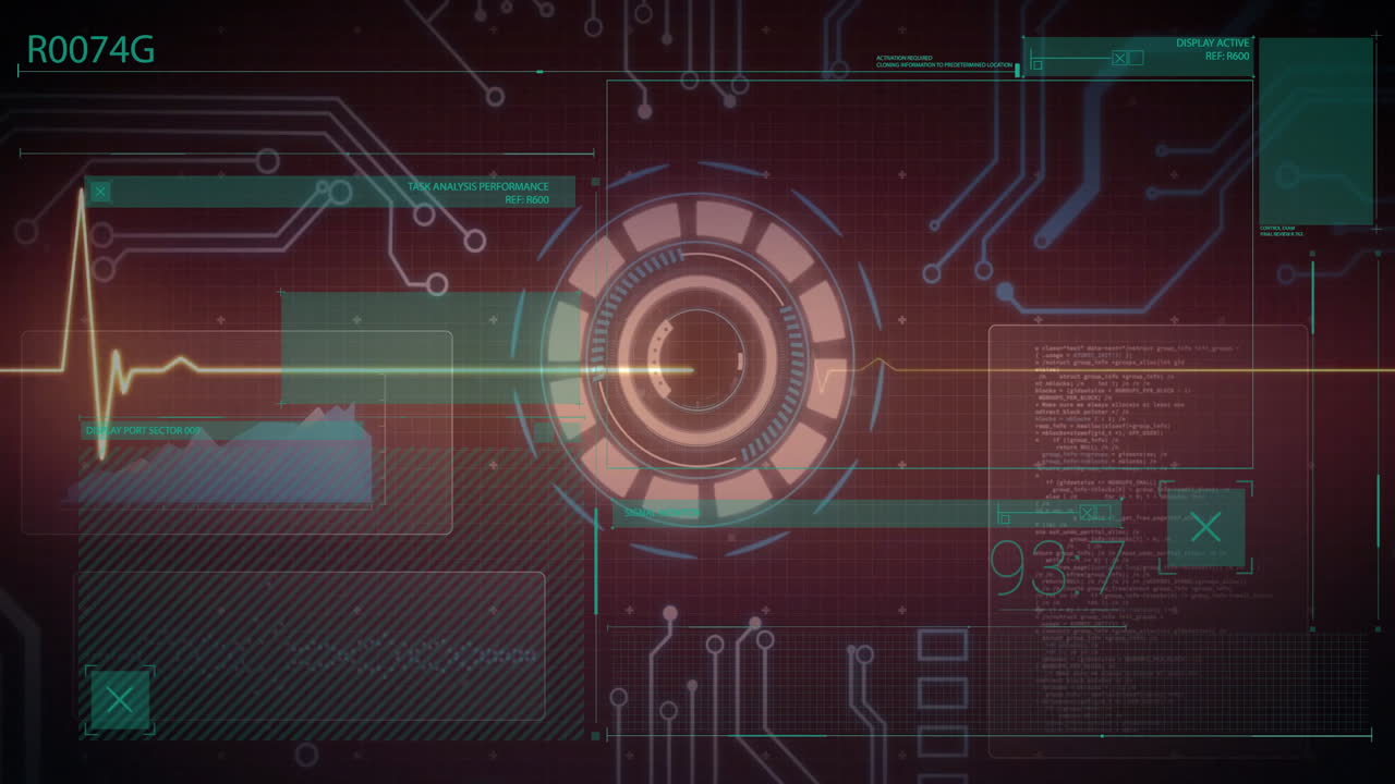 Glowing central circular element in futuristic animation with circuit patterns