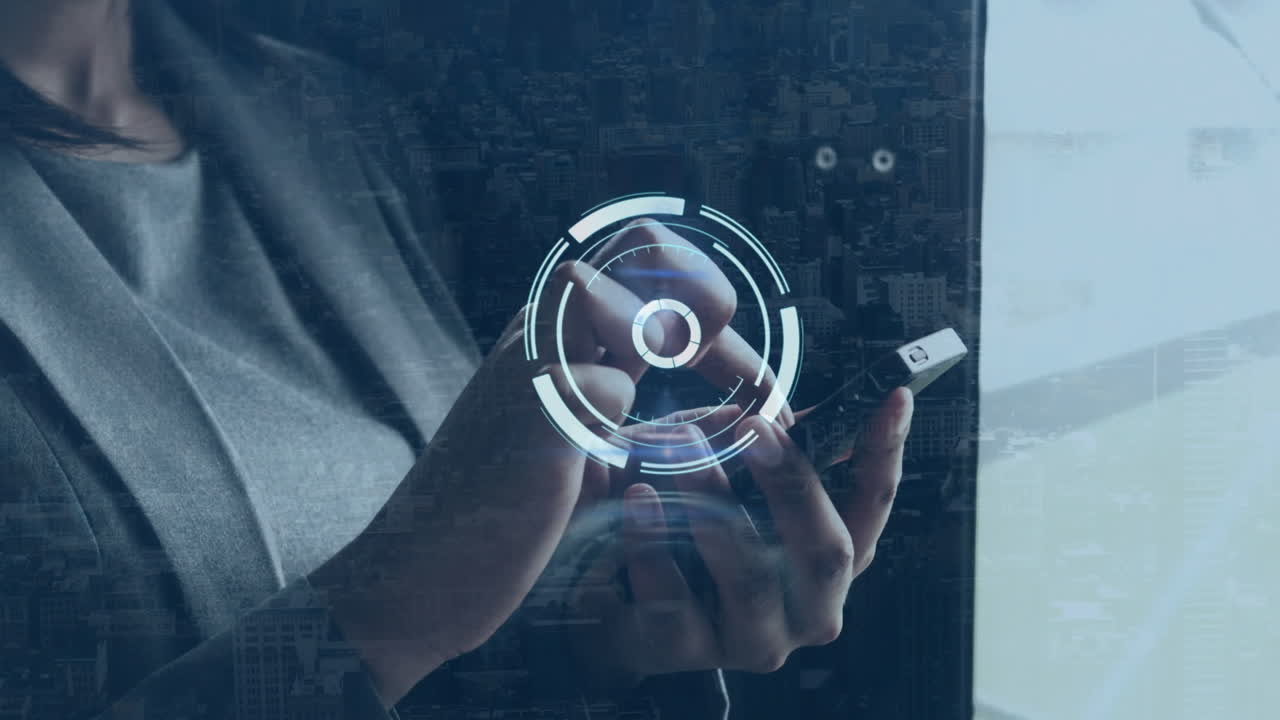 Animation of scope scanning over biracial businesswoman using smartphone and cityscape