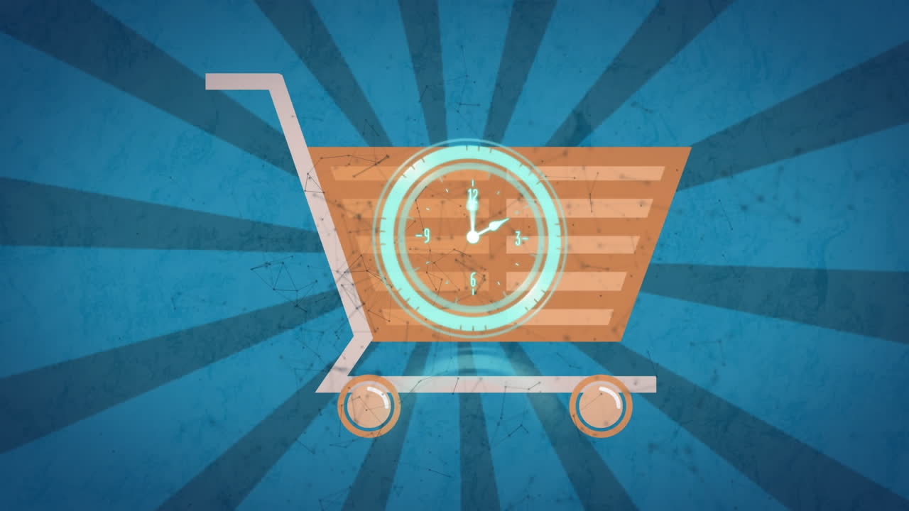 Animação de relógio, sobre rede de conexões e carrinho de compras