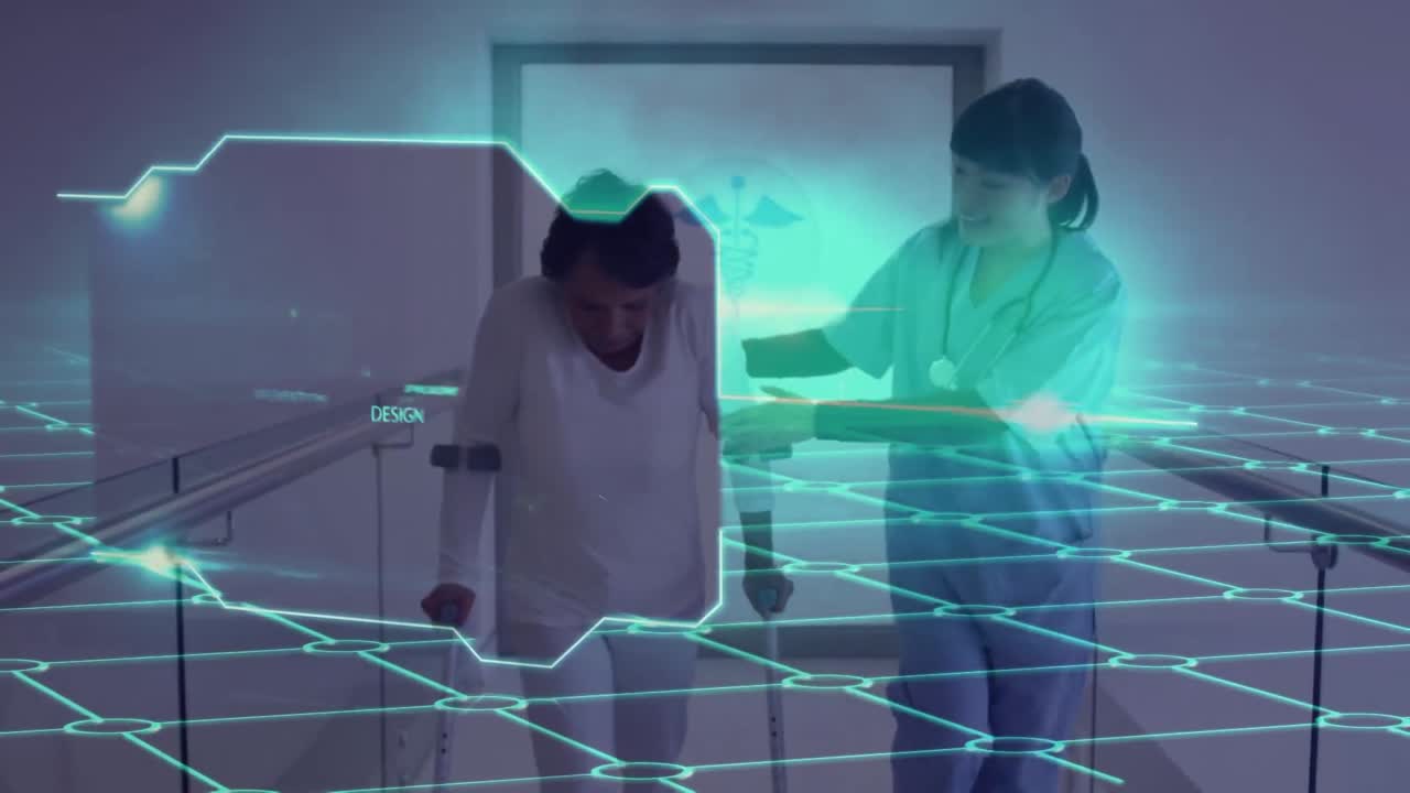 행복한 다양한 여성 의사와 고령 환자에 대한 기술의 애니메이션