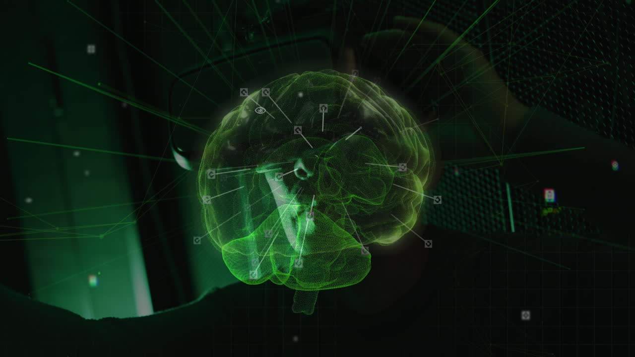 Animation of caucasian and digital brain over asian man in server room