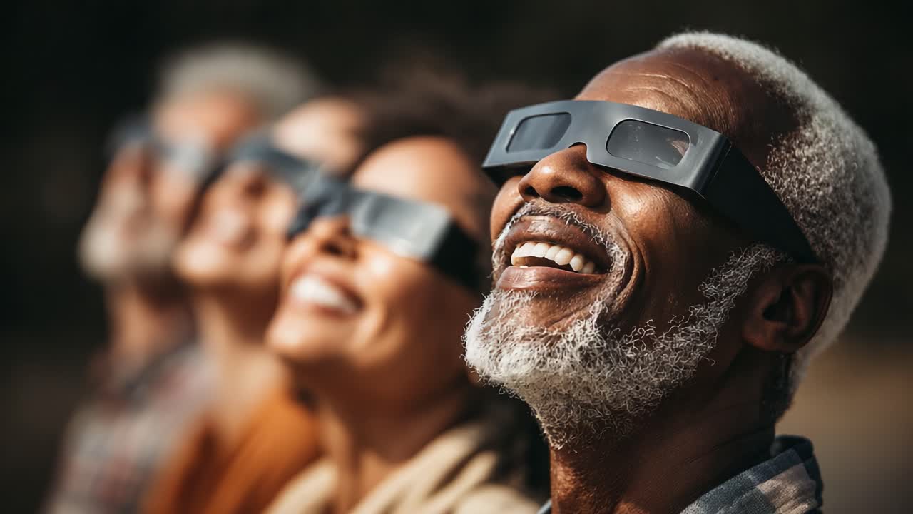 Un groupe de personnes joyeuses portant des lunettes à éclipse regardent vers le ciel, émerveillées par un événement céleste, avec des sourires d’émerveillement et d’excitation sur leurs visages.