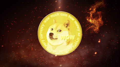 Dogecoin-Criptomoneda-Moneda-Fuego-Llama-Animación-Con-Meme-Texto-Prores-4k