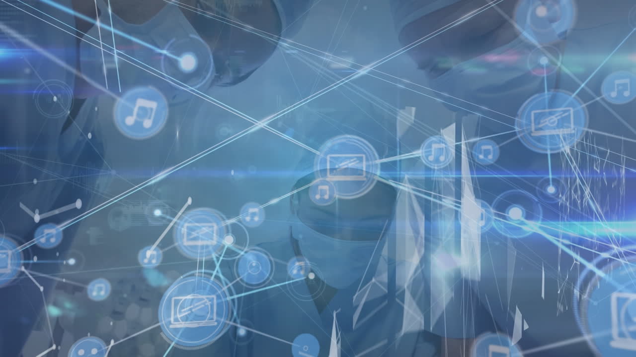 수술 중에 다양한 외과 의사의 팀을 통해 연결 네트워크의 애니메이션